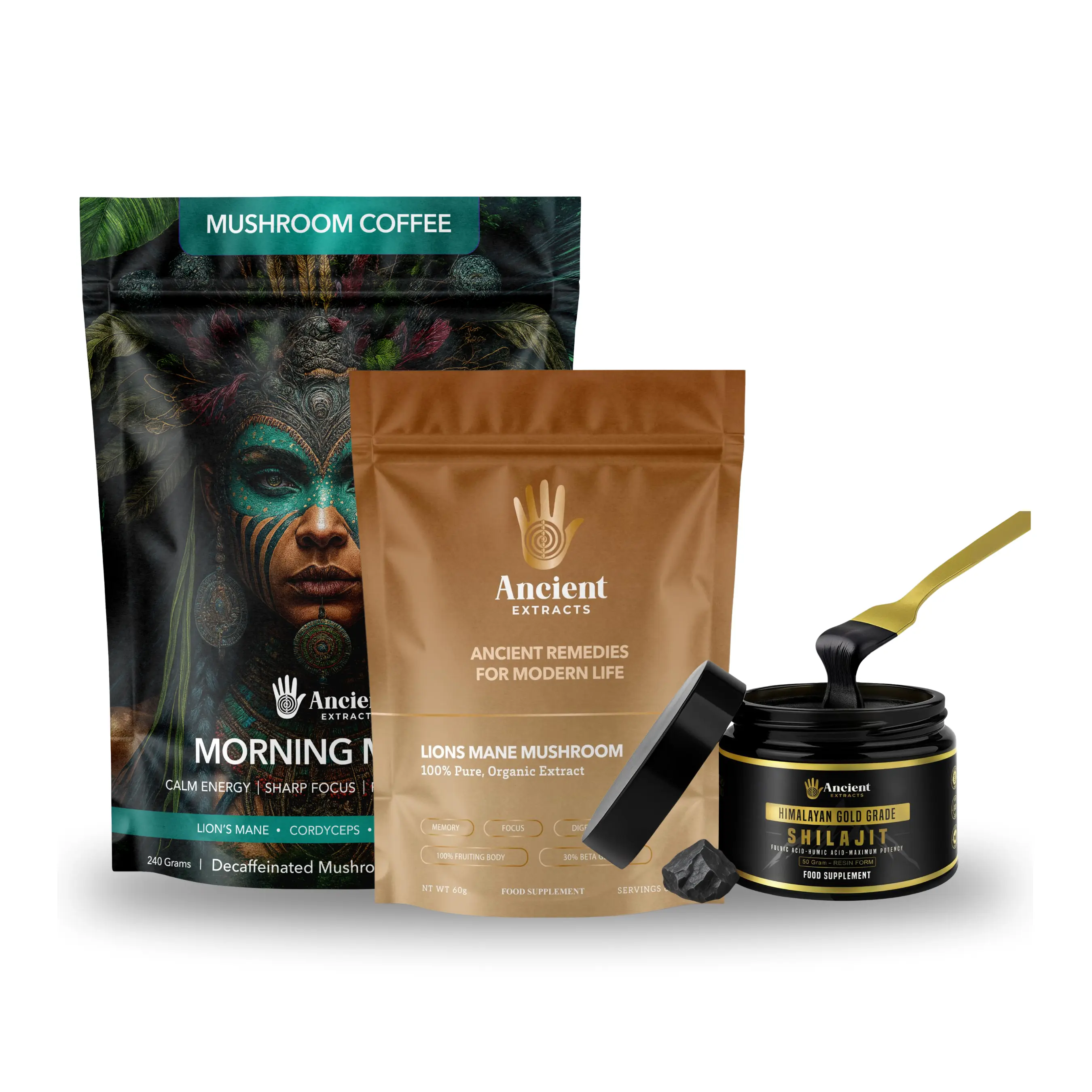 Organic Morning Magic Mushroom Decaf Coffee Blend Bundle - Shilajit Resin, Lion's Mane Mushroom Extract Beverage Drink - 100-Day GMO-Free Wellness Boost Dietary Supplement (100 Days Shilajit Supply)