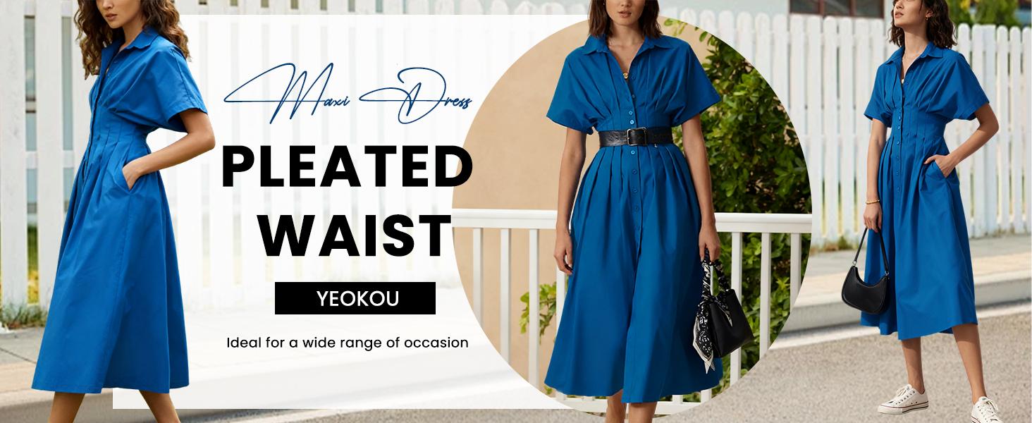 Yeokou Women's Button-Down Shirt Dress - Short-Sleeve, Loose, Pleated Maxi Sundress with Pockets, Basic Casual Wear for Summer, Women's Clothes,summerwins Yeokou Women's Button-Down Shirt Dress - Short-Sleeve, Loose, Pleated Maxi Sundress with Pockets, Basic Casual Wear for Summer, Women's Clothes,summerwins