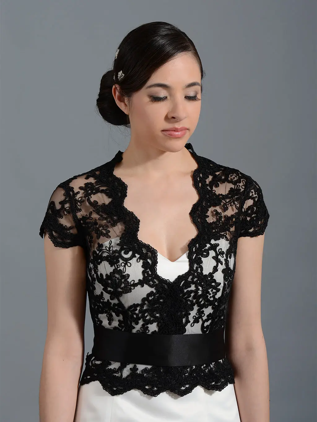 Front open Black Alencon Lace Wedding jacket
