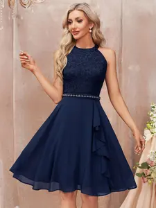 MIUSOL 52090 Floral Lace Halter Neck Backless Ruffle Hem Flowy Chiffon Skirt, Elegant Semi-Formal Wedding Guest Dress, Suitable For Birthday, Graduation, Homecoming And Other Occasions