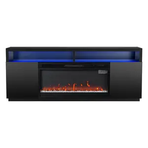 Modern 68" LED TV Stand with 36" Insert Electric Fireplace | Black & White Entertainment Center for Living Room