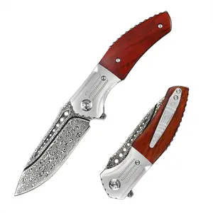 SDOKEDC VG10 Damascus Blade Folding Pocket Knife Blade Wood Handle, Sharp Camping Hiking Knives for EDC Fishing Hunting
