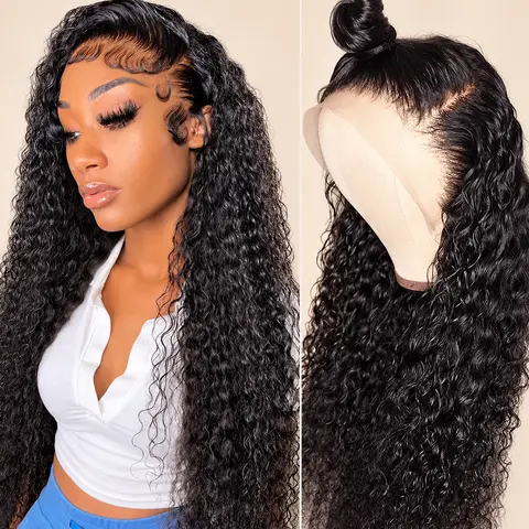 Bling Hair Deep Wave 13x6 HD Lace Front Human Hair Wigs Burmese Curly Transparent Lace Frontal Wig Pre Plucked with Baby Hair, Kinky Curly & Water Wave 100% Virgin Human Hair Wigs 180% Density, Natural Black Wide Adjustable Elastic Band