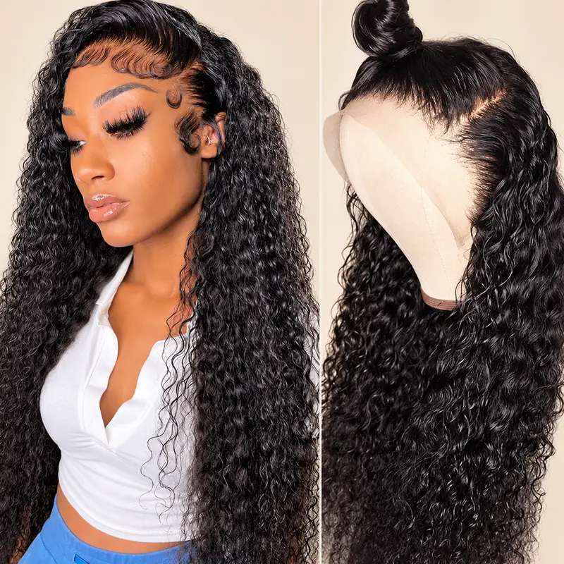 Bling Hair Deep Wave 13x6 HD Lace Front Human Hair Wigs Burmese Curly Transparent Lace Frontal Wig Pre Plucked with Baby Hair, Kinky Curly & Water Wave 100% Virgin Human Hair Wigs 180% Density, Natural Black Wide Adjustable Elastic Band