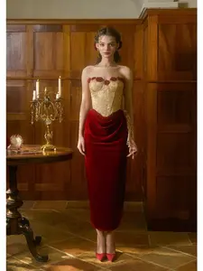 Wild Rosa in Spain Corset Dress - Red Velvet, Gold Lace, Hand-Sewn Roses, High-Waist, Tulip Skirt, Asymmetric Hem, Authentic Casual Womenswear, Sleeveless Dress SwimWeek summerwins