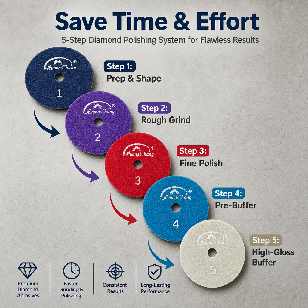 Huang Chang 4 Inch Diamond Polishing Pads with 5/8’’-11 Backer Pad, 5PCS Dry Granite Stone Polish Pad Kit for Drill, Grinder, Polisher, 1-5 Grit Polishing Pad for Concrete Marble Rock Countertop Quartz