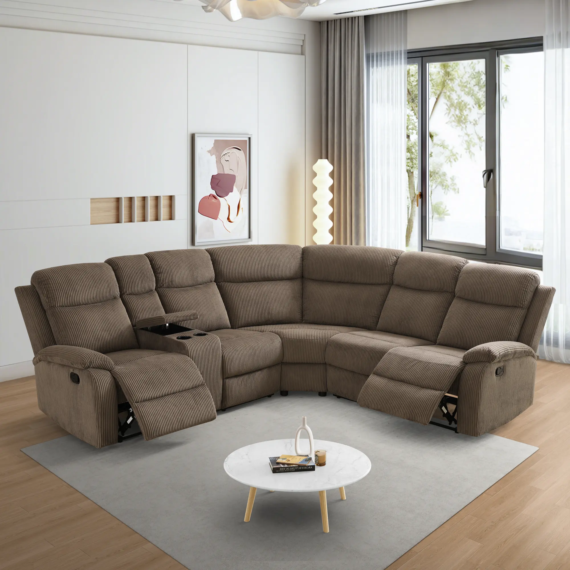 Manual Reclining Sectional Sofa Set, Living Room Furniture Sets,L Shaped Reclining Sectional Corner Couch, Comfy 6-Seat Corduroy Fabric Recliner Couch with Coffee Table/Cup Holders for Office