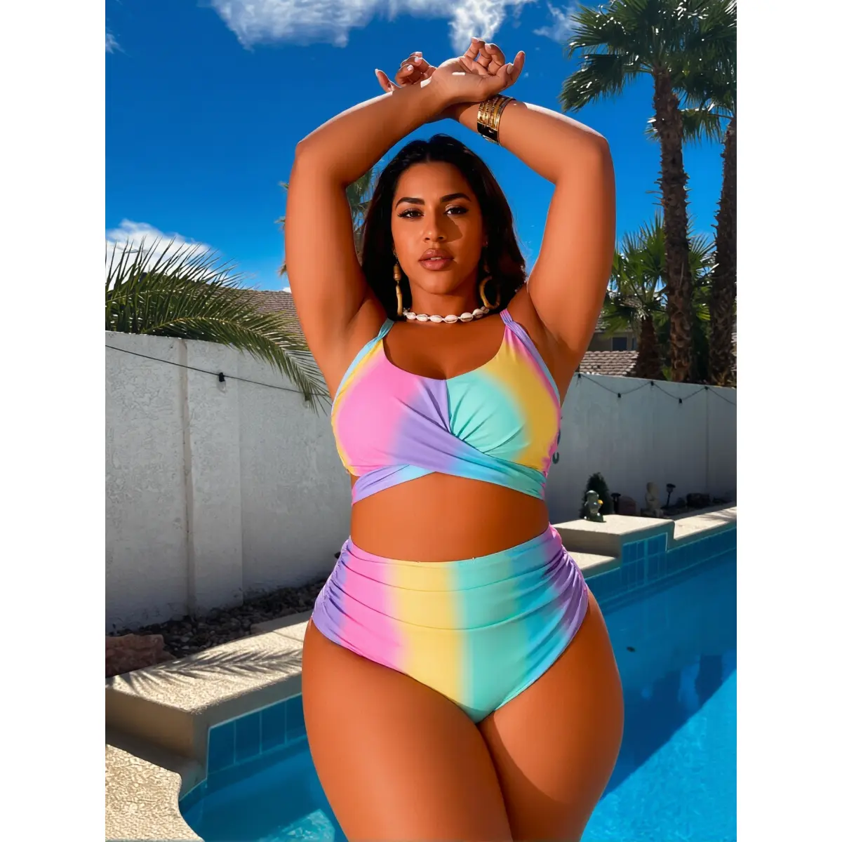 Women's Plus Size 2026 Swimsuit Set, Rainbow Ombre Crisscross Tie Bikini Top with High Waisted Tummy Control Full Coverage Bottom, Stretchy Quick-Dry Swimwear, High Waisted Swimsuits, Plus Size Swimsuits 2026