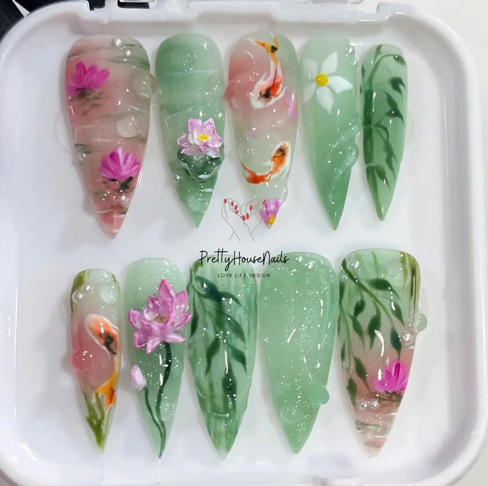 Asian Nail Art Inspired Press On Nails, Long Stiletto Nail with Koi Pond, Lotus Flower, Mint Green Nails, Limited Edition Tea Party Nail Set Satamiis