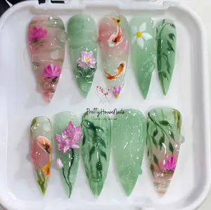 Asian Nail Art Inspired Press On Nails, Long Stiletto Nail with Koi Pond, Lotus Flower, Mint Green Nails, Limited Edition Tea Party Nail Set Satamiis