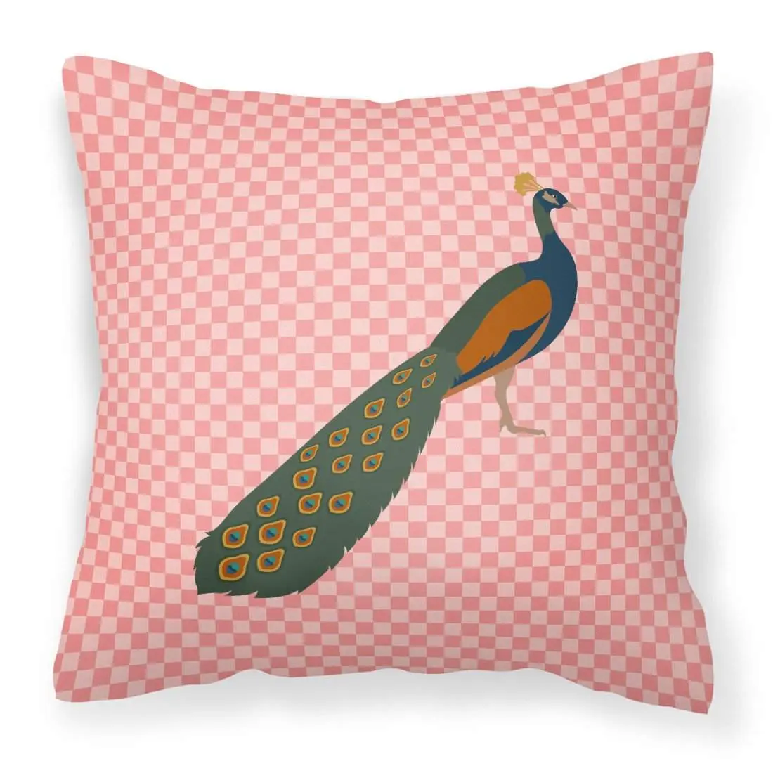 Indian Peacock Peafowl Print Decorative Pillow, Pink Check Fabric, Color-Fast Dyes, Durable, All Seasons Indoor Cushion BB7925PW1818