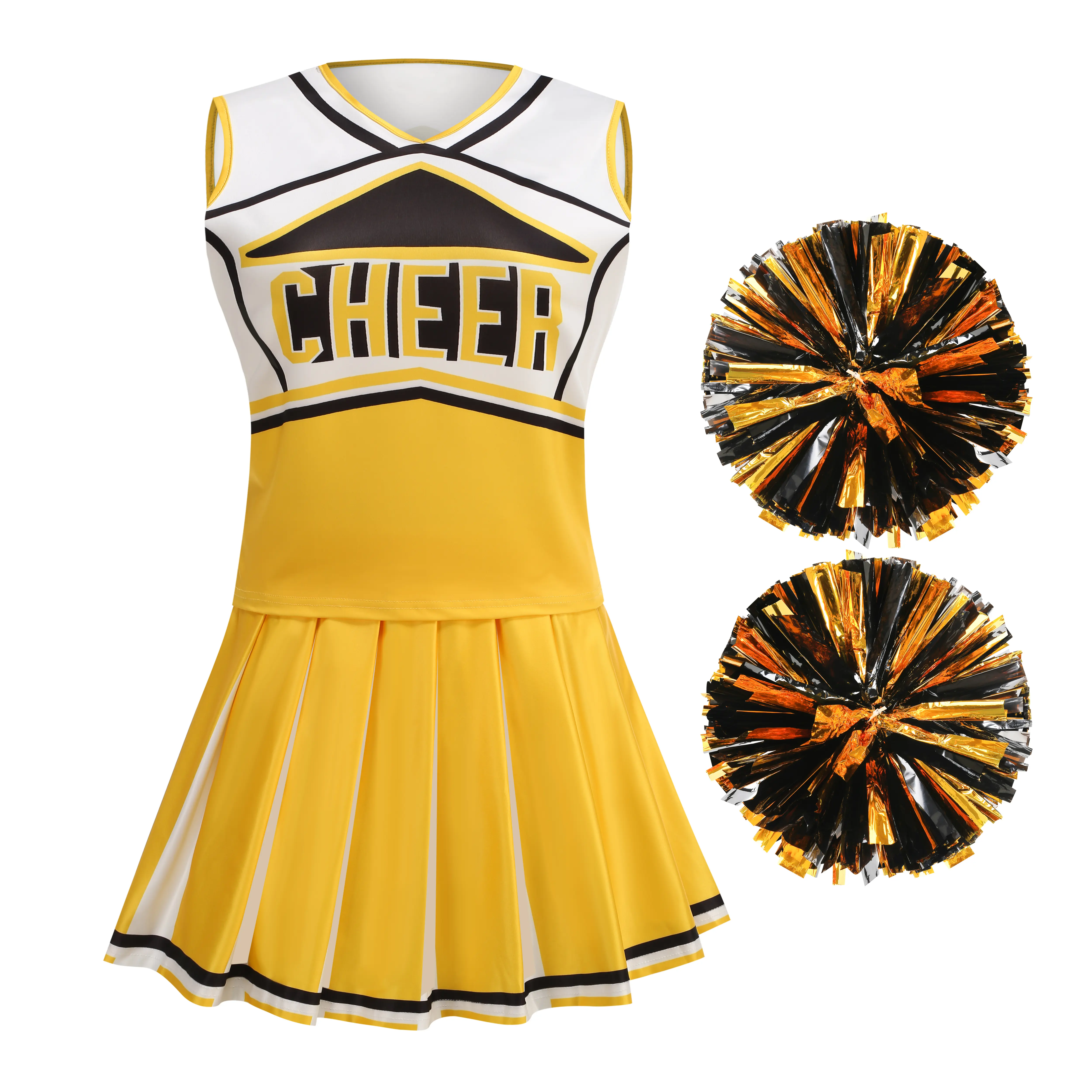 Women Cheerleader Costume Adult Cheerleading Outfit with Pom Poms Sports Cheer Uniform Halloween Party Dress up