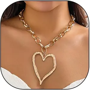 Chunky Gold Heart Necklace for Women Y2K Style, Big Puffy Heart Statement Chain, Long Adjustable Trendy Jewelry Gift