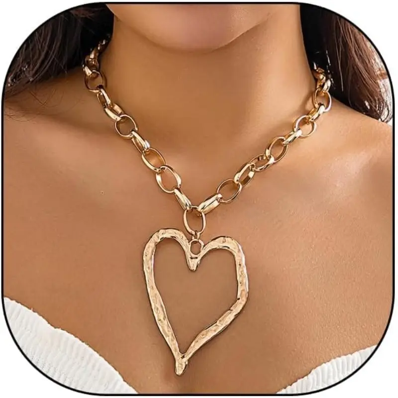 Women's Y2K Style Thick Chain Heart Pendant Necklace, Big Puffy Heart Bold Statement Necklace, Long Adjustable Daily Costume Jewelry Gift