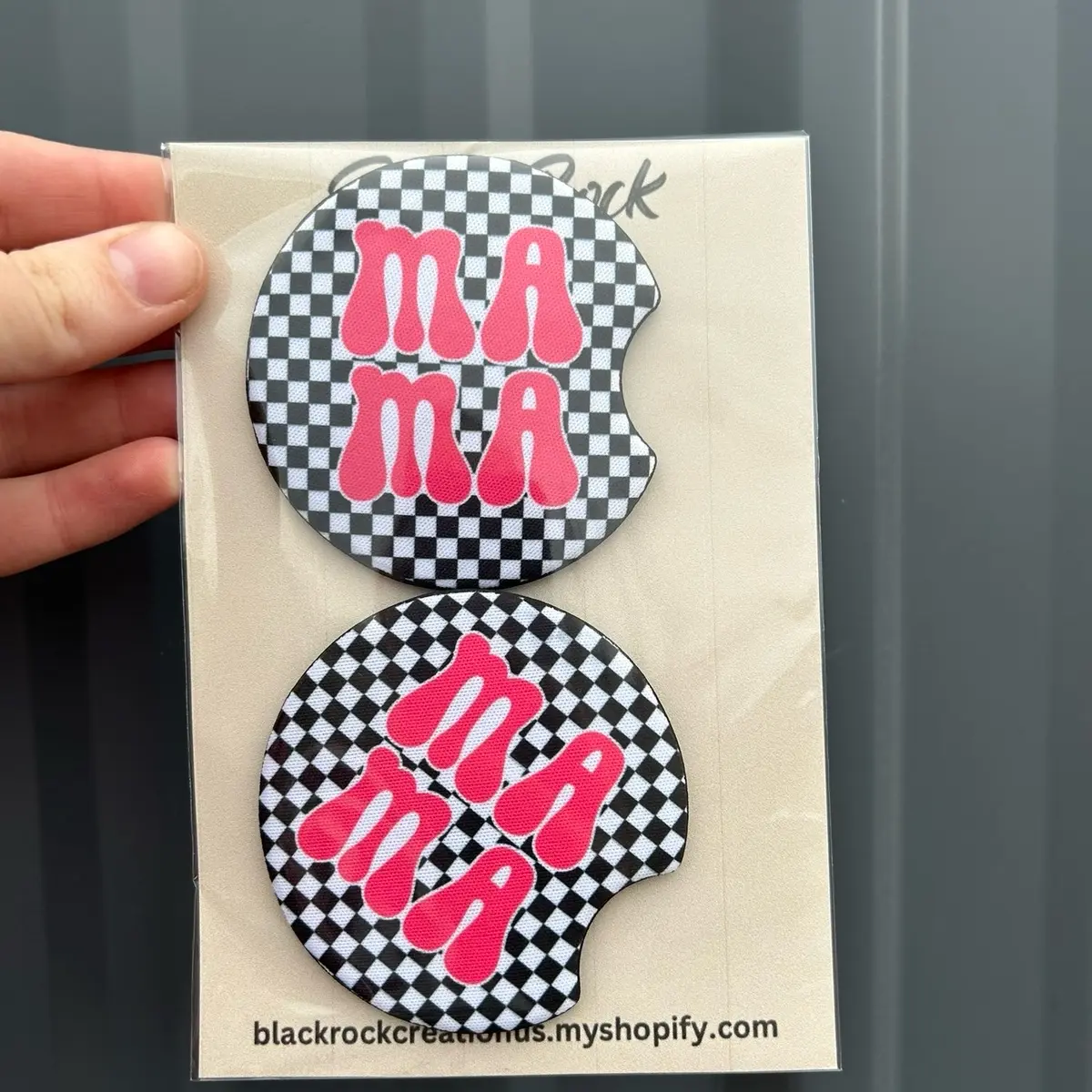 Checkered pink mama car coasters set of 2