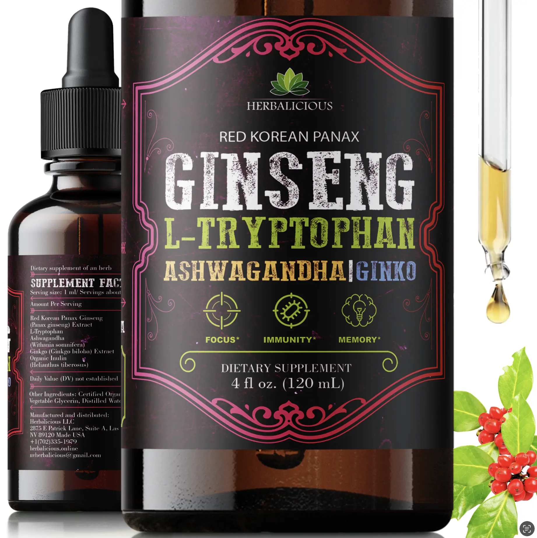 Ginseng L-Tryptophan Liquid Extract - 4 fl oz with Ashwagandha, Ginkgo & Red Korean Panax - Cognitive Support, Stress Relief & Energy Booster Healthcare Supplement