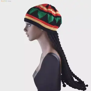 Jamaican Dreadlocks Knit Beret, Colorful Wool Hat With Rainbow Braids, Reggae Style Wig for Halloween Festival And Boho Outfits