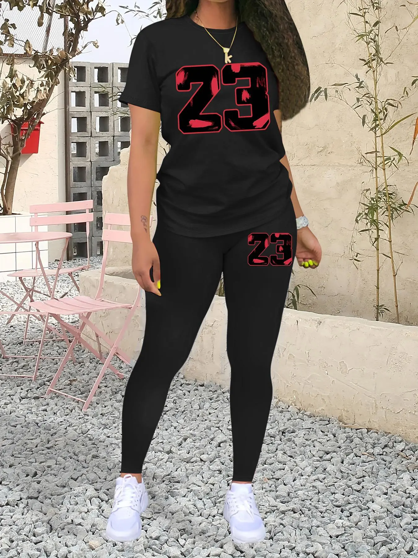 Women's Figure Print Short Sleeve T-shirt & Elastic Waist Skinny Jegging Pants Two-piece Set, Casual Round Neck Tee & Leggings for Daily Wear, Ladies Summer Clothes, Casual Lounge Set