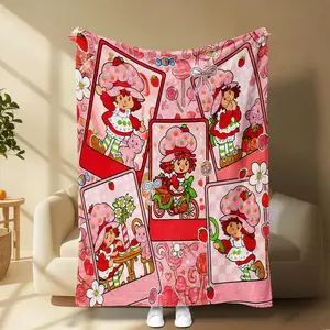Strawberry Shortcake Flannel Throw Blanket, Sweet Strawberry Girl & Cat Design, Soft Lightweight Cozy, Kids' Room Sofa Decor, Nostalgic Gift
