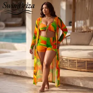 Briza｜Women's Beachwear for Vacation Pool Summer Resort Tie Front Bikini Set with Long Sleeve Mesh Cover Up High Waisted Swim Shorts Two Piece Bathing Suit Green Orange Geometric Print Plus Size, Women's Swimwear, Bathing Suit for Women
