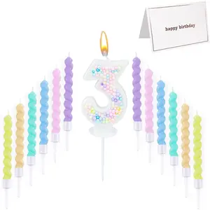 Number Birthday Candle with 12 count Spiral Candles and A Birthday Card -  for Celebrating Birthdays (Macaron Glitter, Number 3)