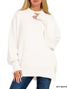 Women's Crew Neck Oversized Side Slit Off White Sweater