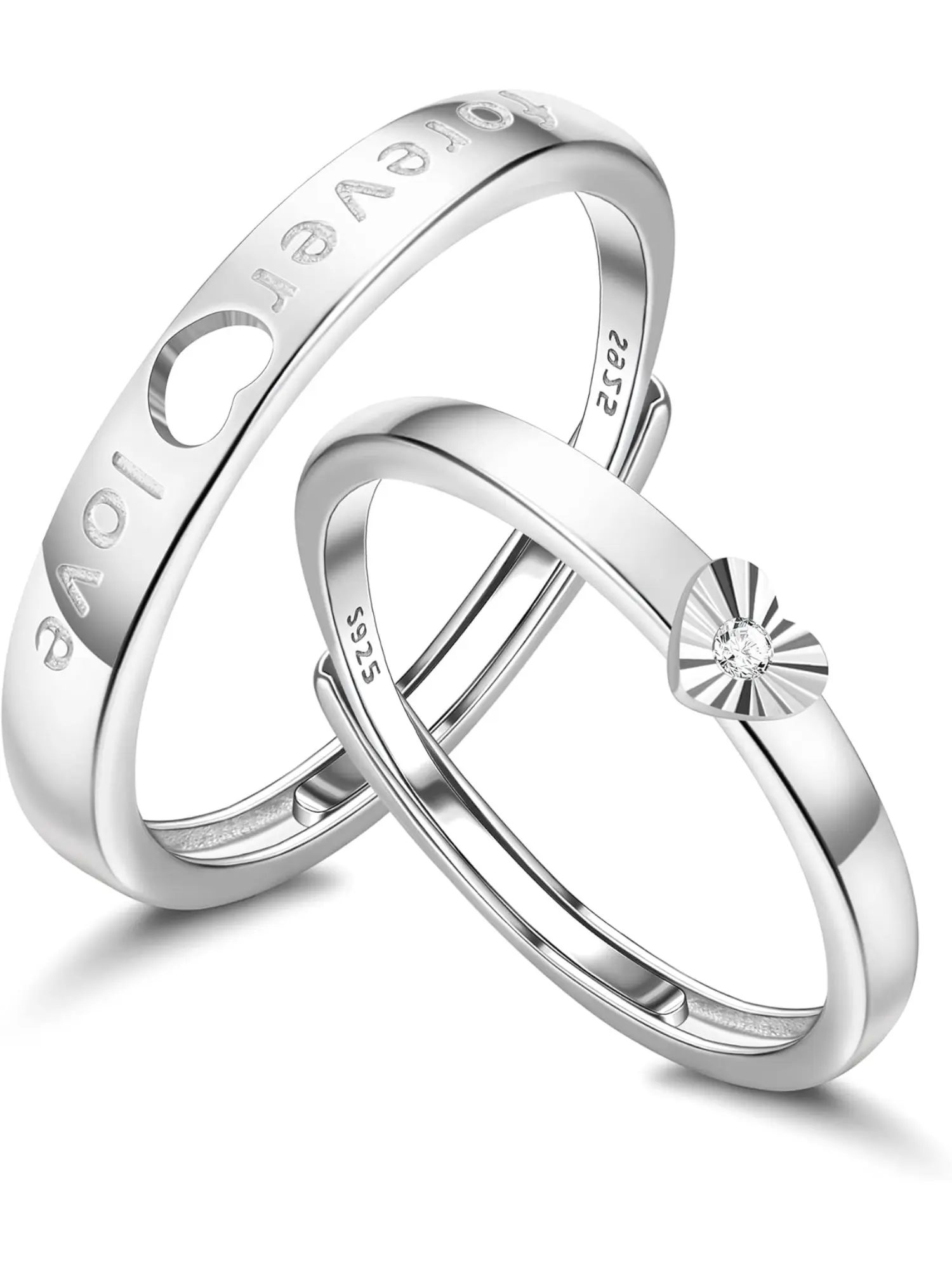2 Pcs 925 Sterling Silver Couple Rings for Women Men Adjustable Heart Couple Rings Matching Promise Ring Anniversary Wedding Matching Wedding Band Valentines Jewellery Gifts Engraved Ring
