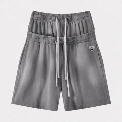 AELFRIC EDEN Men's Vintage Washed Cotton Baggy Classic Black Shorts - Adjustable Double-Layer Drawstring Waistband, Pockets, Frayed Style, Heart Embroidery, Men's Streetwear Casual Bottoms