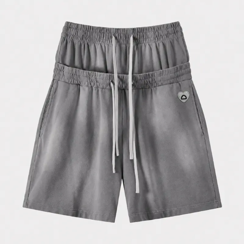 AELFRIC EDEN Men's Vintage Washed Cotton Baggy Classic Black Shorts - Adjustable Double-Layer Drawstring Waistband, Pockets, Frayed Style, Heart Embroidery, Men's Streetwear Casual Bottoms