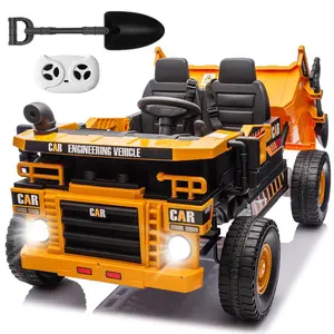 Megosky 12V 2-Seater Ride on Dump Truck with Remote Control, Electric Construction Ride on Car Toys for Ages 3-8, Kids Dump Truck Vehicles with Dump Bed, Shovel, Key Start, Gift for Boys Girls (Yellow)