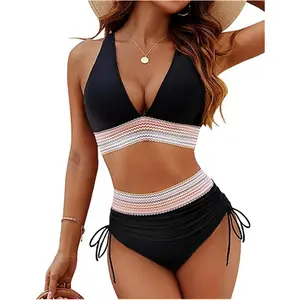 EncoLax Women's High Waisted Bikini Sets Tummy Control Swimsuits Color Block Two Piece Drawstring Bathing Suit with Stylish Stripes