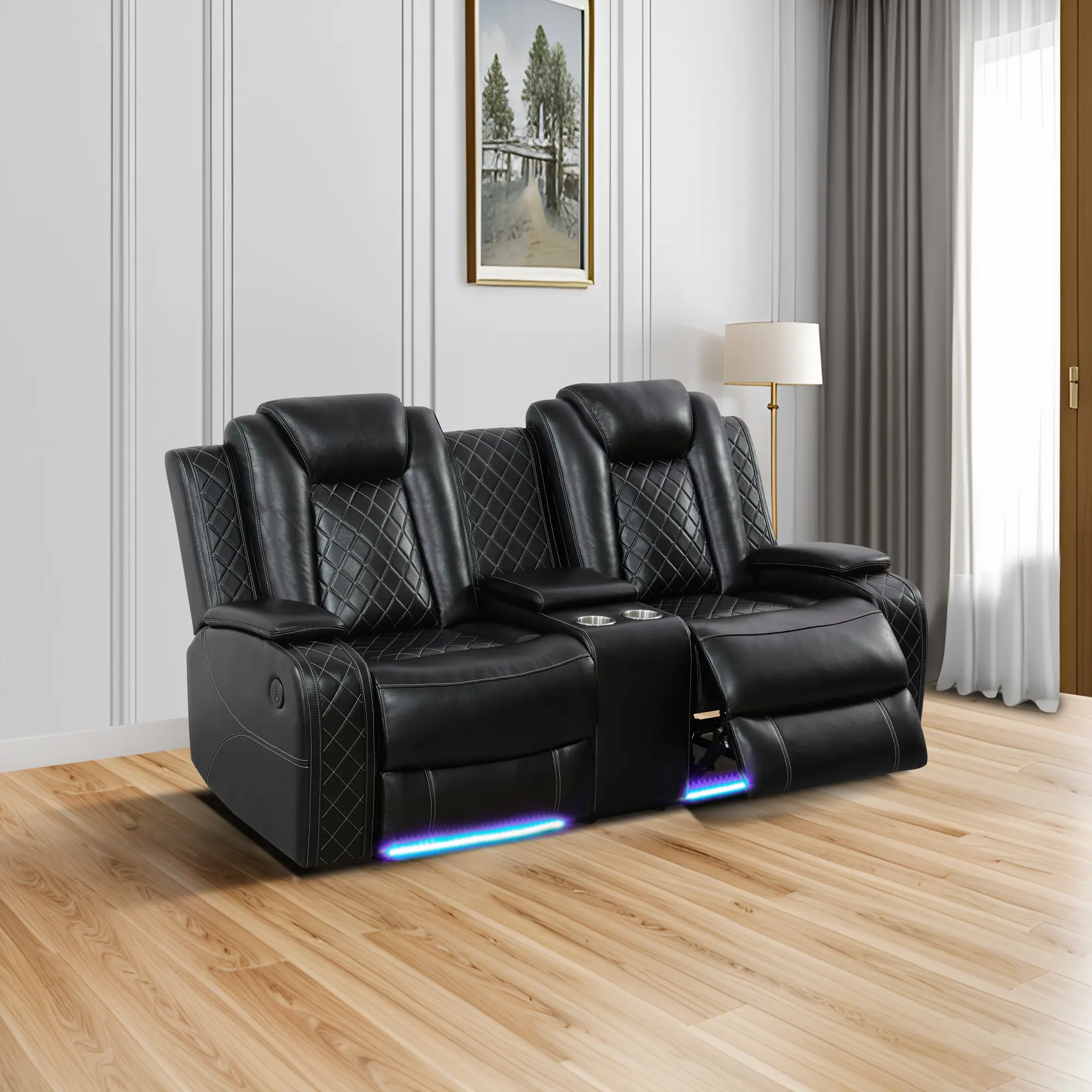 2-Seat Black Breathable Leather Sectional Recliner Loveseat - Recliner Chair, Adjustable Chaise Lounge, LED Lights, Storage Console, Modern Sleek Look for Indoor Furniture Interiors