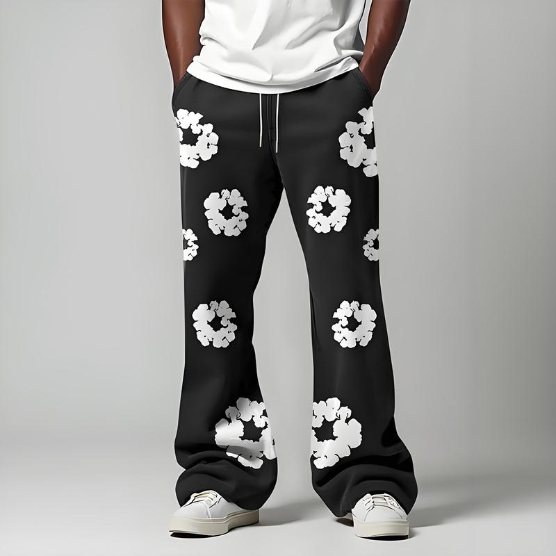 Men's Streetwear Graffiti Hip Hop Trousers with Dove & Virgin Mary Print Loose Fit Straight Wide Leg Unisex Couple Style January Clothing