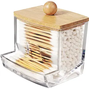 10Oz Acrylic Qtip Holder Dispenser for Cotton Swab, Clear Plastic Containers Apothecary Jars with Bamboo Lid, Bathroom Accessories, Vanity Organizers and Storage, Home Essentials-Brown