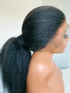 Black Soft Long 30 Inches 180 Density Yaki Kinky Straight 13x4 Lace Front Wig, Heat Resistant, Glueless, Pre-plucked, Daily Wear, All Seasons