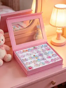 Cartoon Glow-In-The-Dark Kids Rings, Adjustable, 30 Pcs, Cute Girl Jewelry, Nickel-Free, Safe Epoxy Resin, Ages 3-14, Perfect Gift