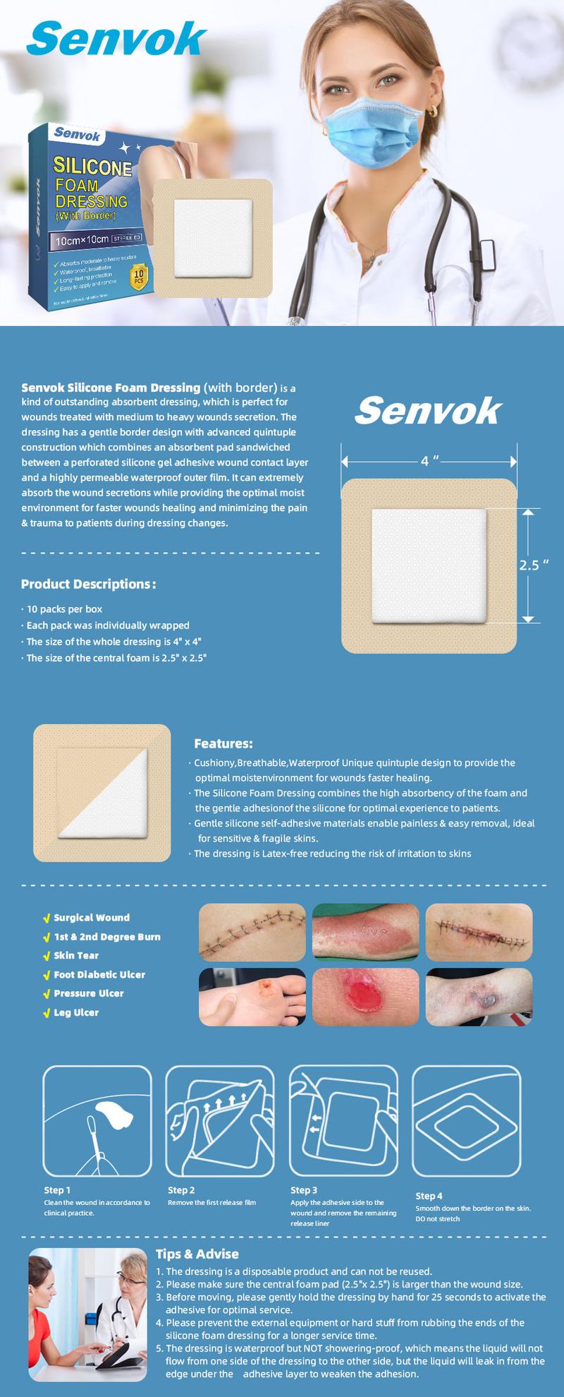 Senvok Silicone Adhesive Foam Dressing with Gentle Border 10cm x 10cm 10 Pack High Absorbency Waterproof Breathable Wound Bandage for Bed Sore Leg Ulcer Foot Diabetic Ulcer