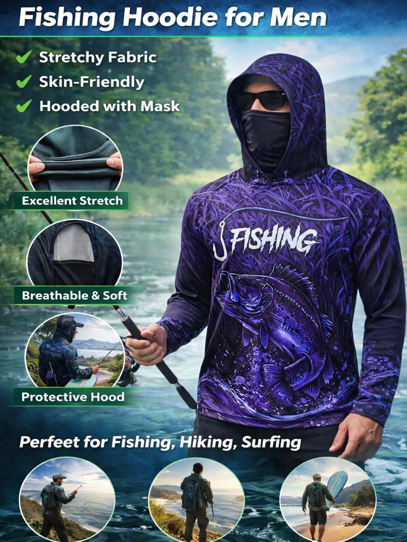 Men's Long Sleeve Fishing Hooded Top with Face Mask, Outdoor Fishing Clothing, Sun-Protection UV Protection Top for Fisherman, Sports Top, Outdoor Adventure, Practical, Outdoor Ready