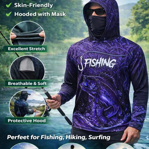 Men's Long Sleeve Fishing Hooded Top with Face Mask, Outdoor Fishing Clothing, Fishing Clothes, Fishing Gear, Sun-Protection UV Protection Top for Fisherman, Sports Top, Outdoor Tops, Outdoor Adventure, Practical, Outdoor Ready
