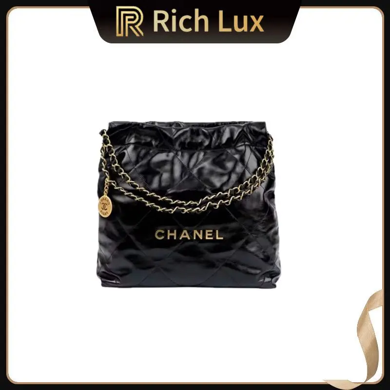 Pre-owned CHANEL Pre Loved Authentic 22 Small Handbag Black Shiny Calfskin Gold Hardware