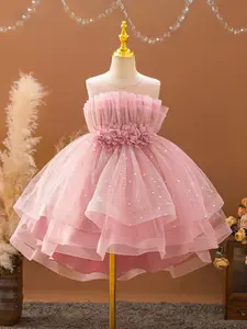 Luxurious Toddler Party Dress, 3D Floral Applique Multi-Layer Princess Dress, Elegant Slim-Fit Dress for Girls Aged 3-10, Perfect for Weddings and Birthdays, Birthday Dresses