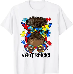 Proud Autism Gigi Puzzle Pieces Curly Afro Bun Autism Gigi T-Shirt