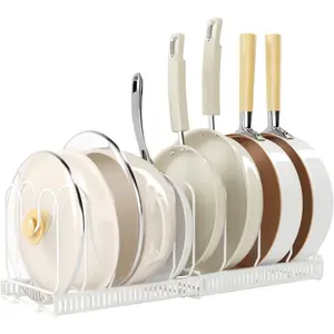 Pots and Pans Organizer Cabinet,Expandable Pot Lid Organizer Holder with 10 Dividers for Cabinet Baking Frying Rack,White