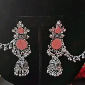 JS Earrings with Chain - Blue Stone Decorated Jewelry Piece for JS Accessories Collection