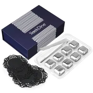 SleekDine Stainless Steel Ice Cubes - Set of 8 Reusable Whiskey Stones with Coasters & Ice Tong - Gift Boxed Drinkware for Whisky, Vodka, Bourbon, Wine, Gift Set. Fathers Day Gift