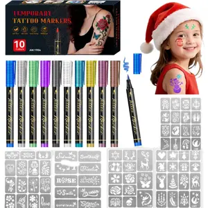10-Color Temporary Tattoo Markers for Skin – Bright, Bold Body Art Pens with Flexible Brush Tips, Easy Cosmetic-Grade Face & Body Paint Kit for Creative Holiday Designs, Party Fun, and Christmas Gifting