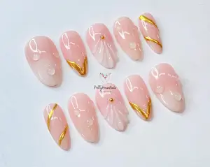 White Pearl Press On Nail, Sea Lover Nail Set, Handmade Fresh Summer Nail Art, Charm Pink Nails, 3D Seashell and Pearl Accents On Fake Nails