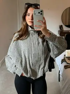 Women's Jackets Stand Collar Zip Up Cropped Coat Women Black White Gingham Plaid Jacket 2026 New Casual Loose Fit Jacket O-Neck Long Sleeve Tops Streetwear Outerwears