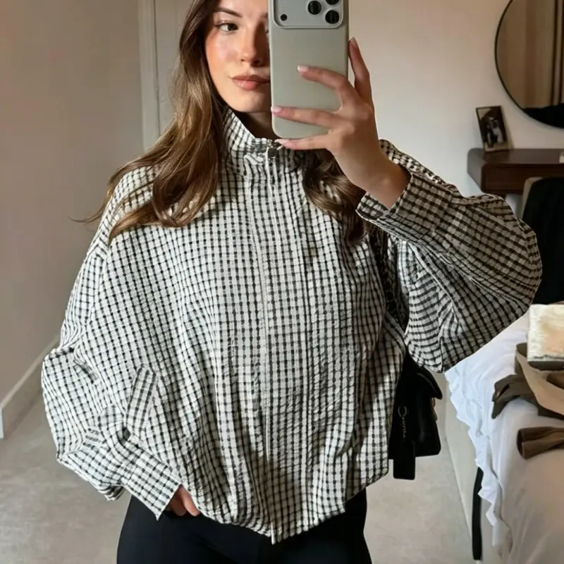 Women's Jackets Stand Collar Zip Up Cropped Coat Women Black White Gingham Jacket 2026 New Casual Loose Fit Jacket O-Neck Long Sleeve Tops Streetwear Outerwears Plaid Pattern Outerwear