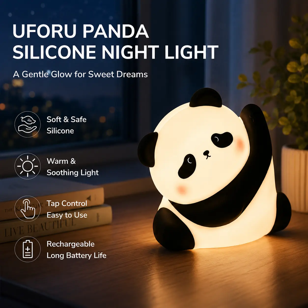 UFORU Cute Panda Night Light, LED Squishy Novelty Animal Night Lamp, 3 Level Dimmable Nursery Nightlight for Breastfeeding Toddler Baby Kids Decor, Cool Gifts Kids (Panda Pangda)